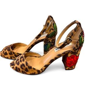 Steve Madden Merlys Cheetah Beaded Floral Ankle Strap Block Heel Shoes , 7.5M